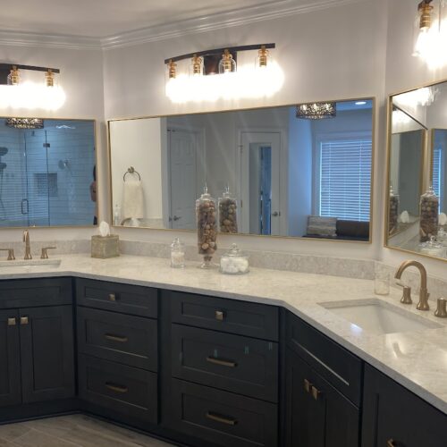 "Luxury Bathroom with Dark Cabinets, Gold Hardware & Quartz Countertops "